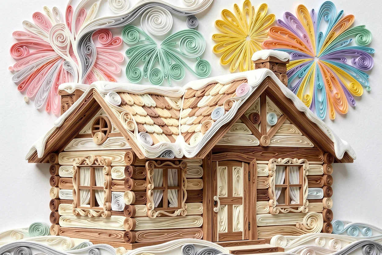 a cozy winter cabin with smoke curling from the chimney, on a rooftop overlooking a fireworks-lit skyline, shown from a warm, intimate close-up perspective, in bright cheerful pastel spring colors.