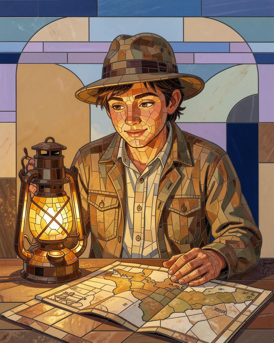 A warm, expressive portrait of a young explorer studying an old map by lantern light, with soft natural lighting and rich emotional detail.