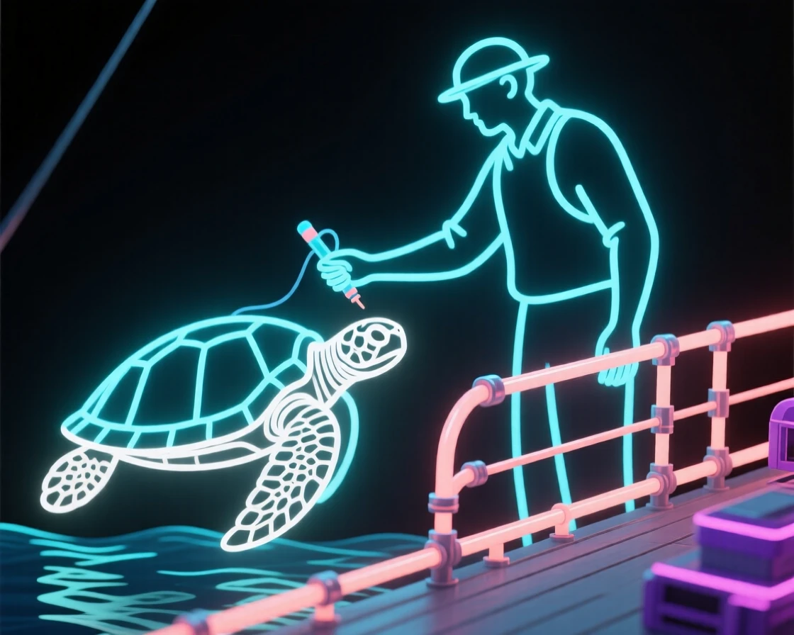 A marine biologist tagging a sea turtle on a research vessel.