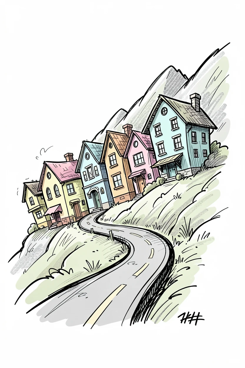 A row of pastel-colored houses on a hillside beside a winding mountain road.