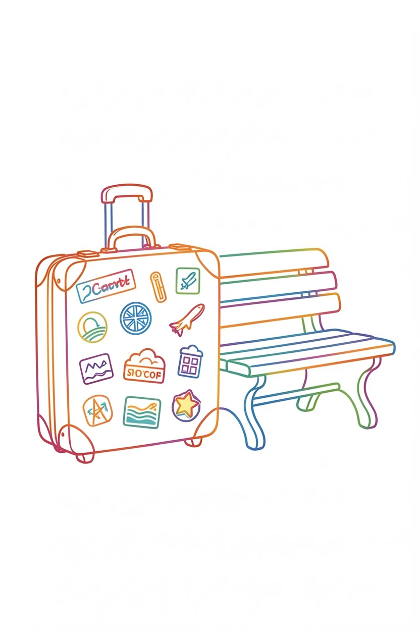 A vintage suitcase covered in travel stickers sitting beside a train platform bench.