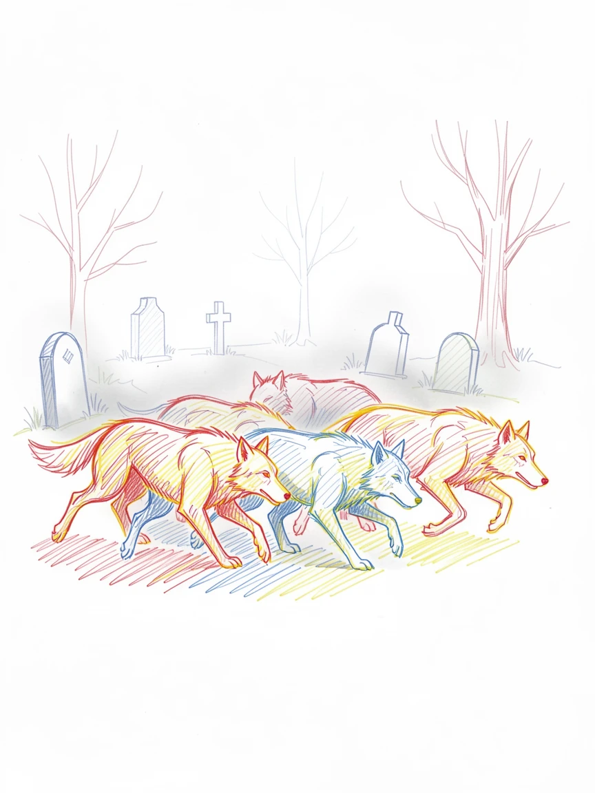 A pack of spectral wolves running silently through a foggy graveyard
