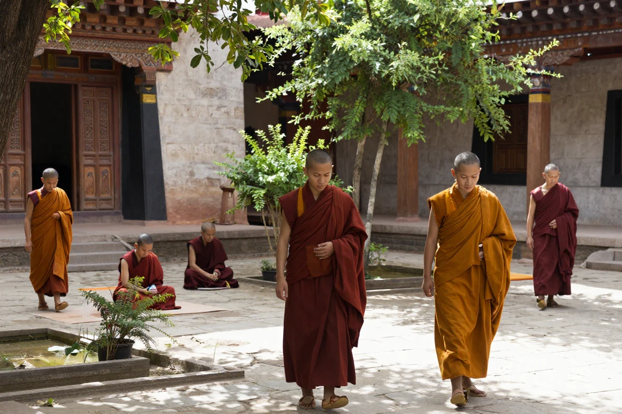 A quiet monastery courtyard with monks in saffron robes