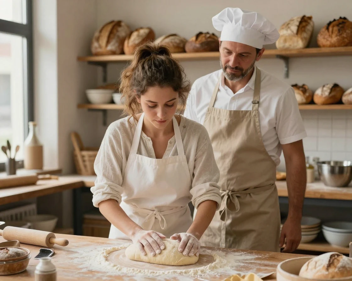 A young apprentice baker shapes her very first loaf of bread under a mentor's watchful eye.