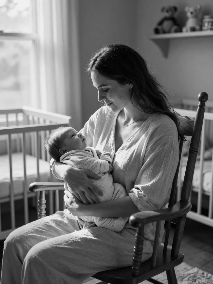 A young mother cradles her newborn baby in a sunlit nursery.