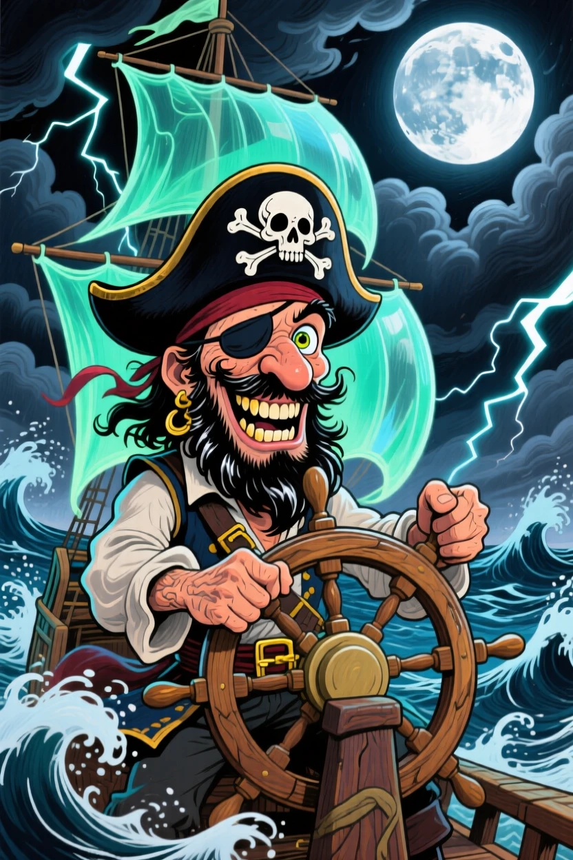 A pirate captain steering a ghost ship through a stormy, moonlit sea.