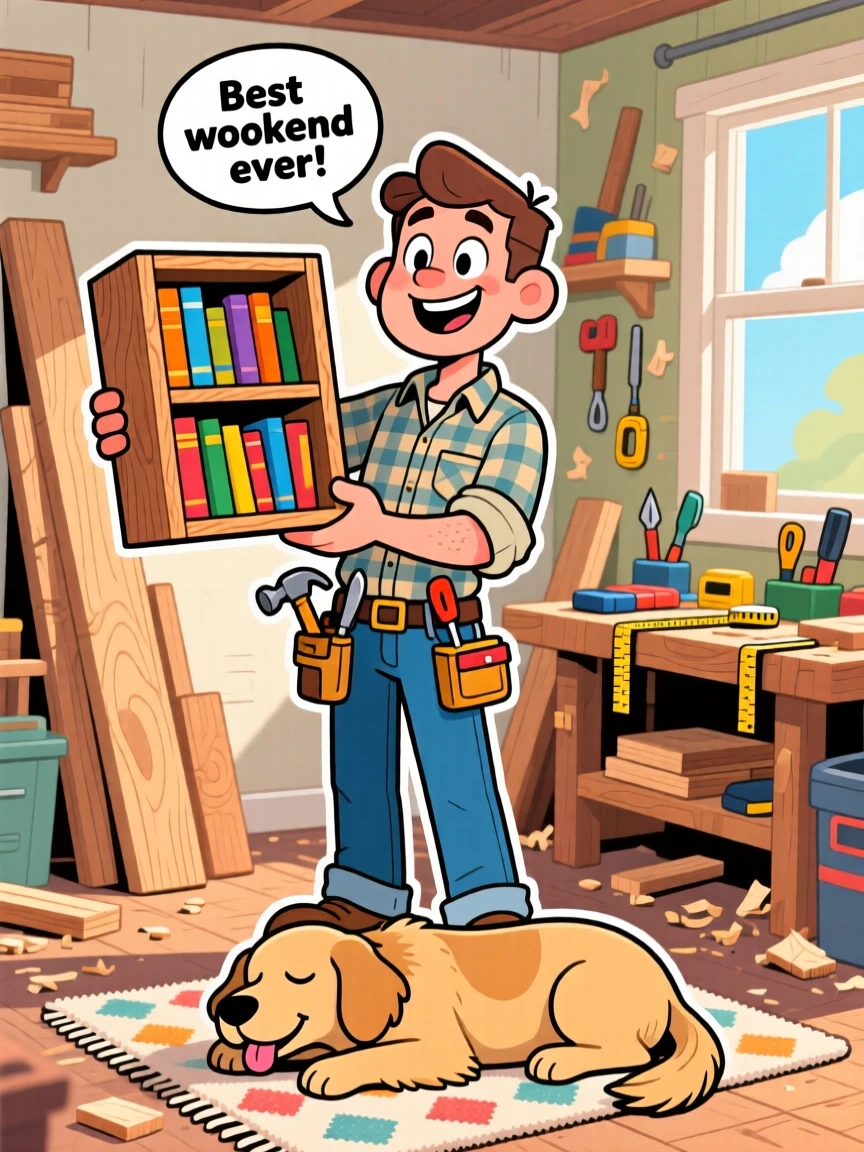 An everyday-life snapshot of a weekend woodworker, proudly showing off a finished project, with a contented pet dozing close by.