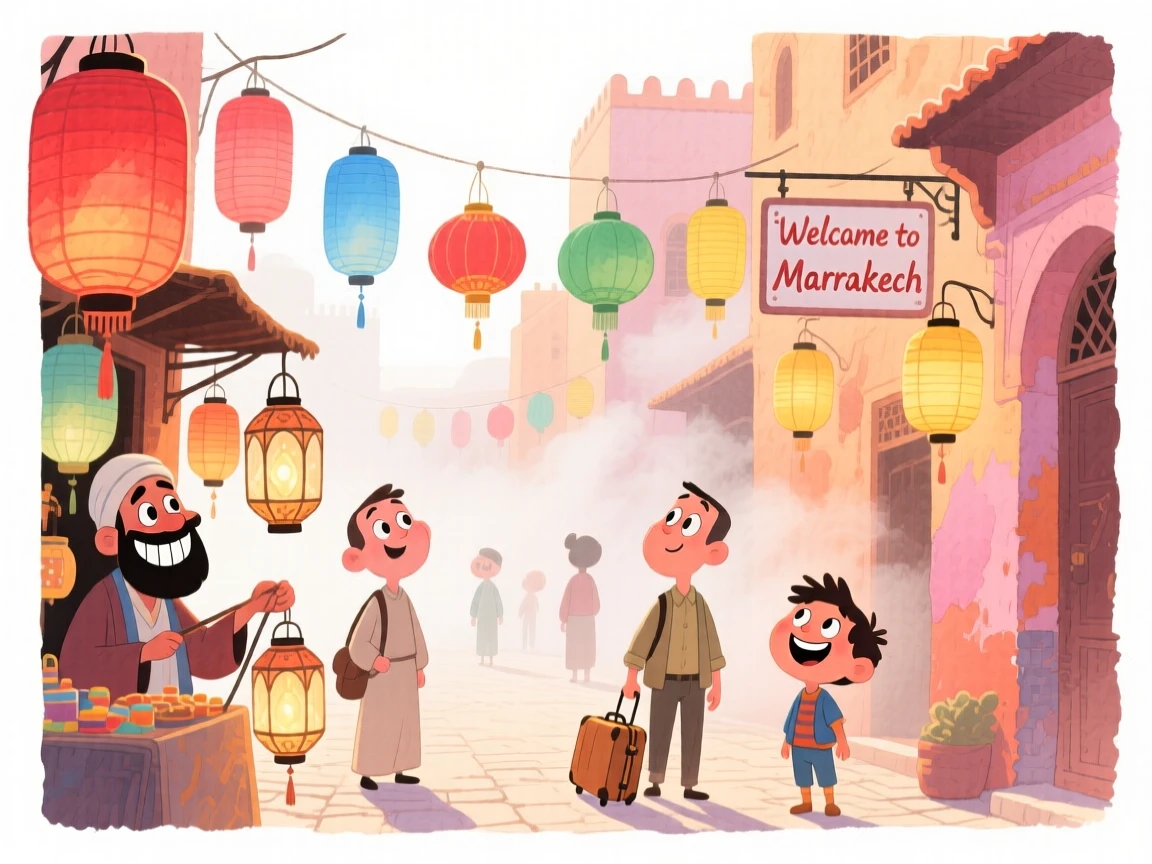 A dreamy travel postcard scene of the streets of Marrakech filled with colorful lanterns wrapped in gentle morning mist