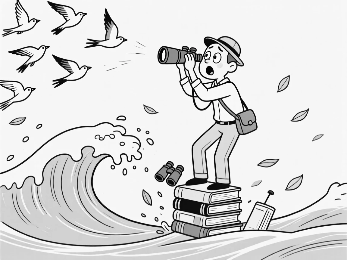 A birdwatcher startled by a sudden flock taking flight, watching helplessly as the stack tips over, set on a churning ocean wave. A gentle breeze sends more leaves fluttering down. The image feels like a breath of fresh outdoor air.
