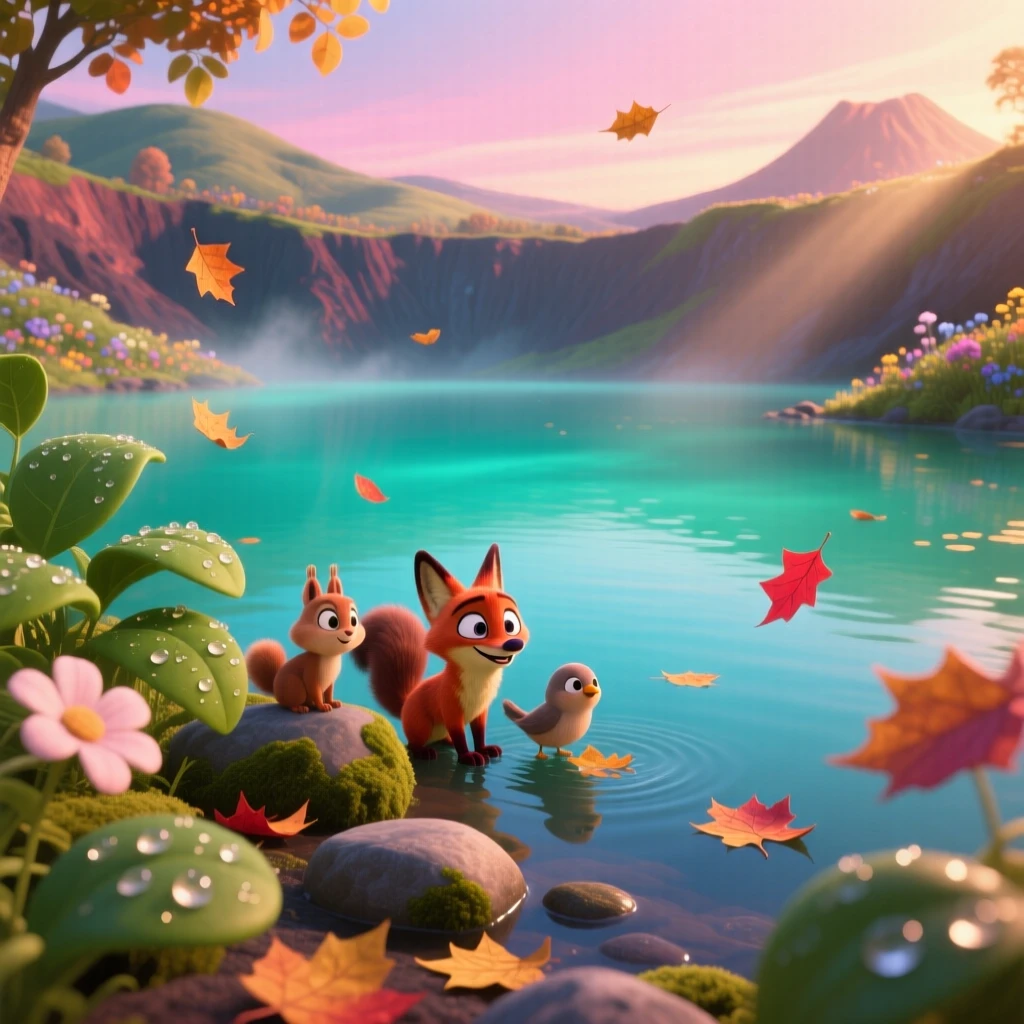 A volcanic crater lake glows as morning dew clings to every leaf and petal, with fallen leaves drifting slowly on the breeze. A calming stillness settles over the landscape.