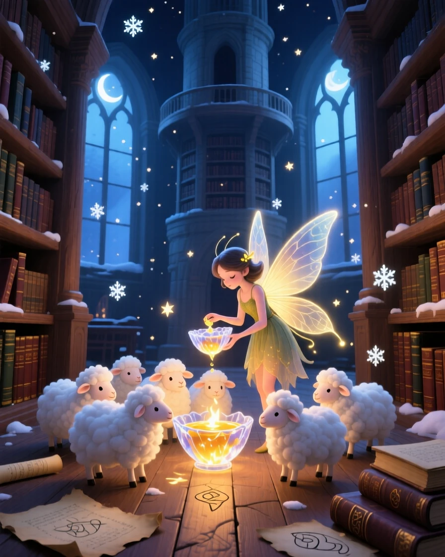 A firefly fairy is feeding a flock of tiny cloud sheep in an ancient library tower, as tiny stars fall like snow.