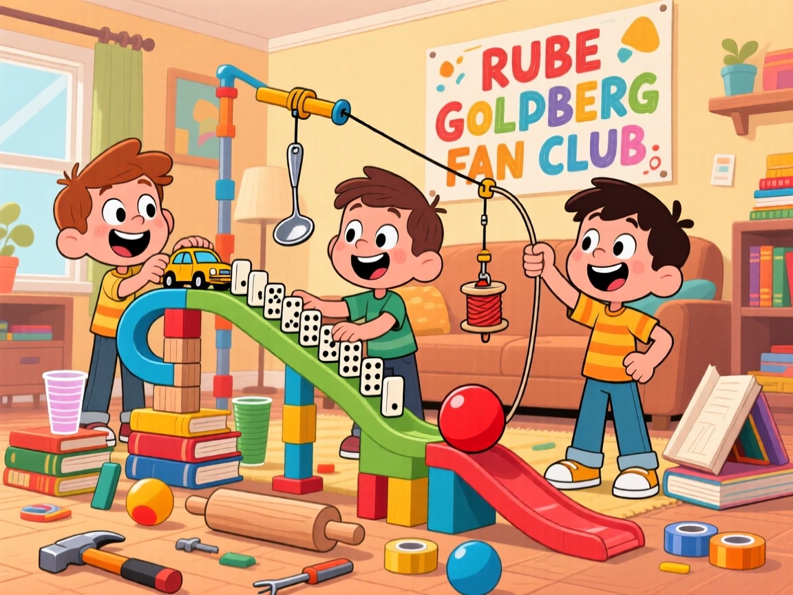 Children building a Rube Goldberg machine out of household items.
