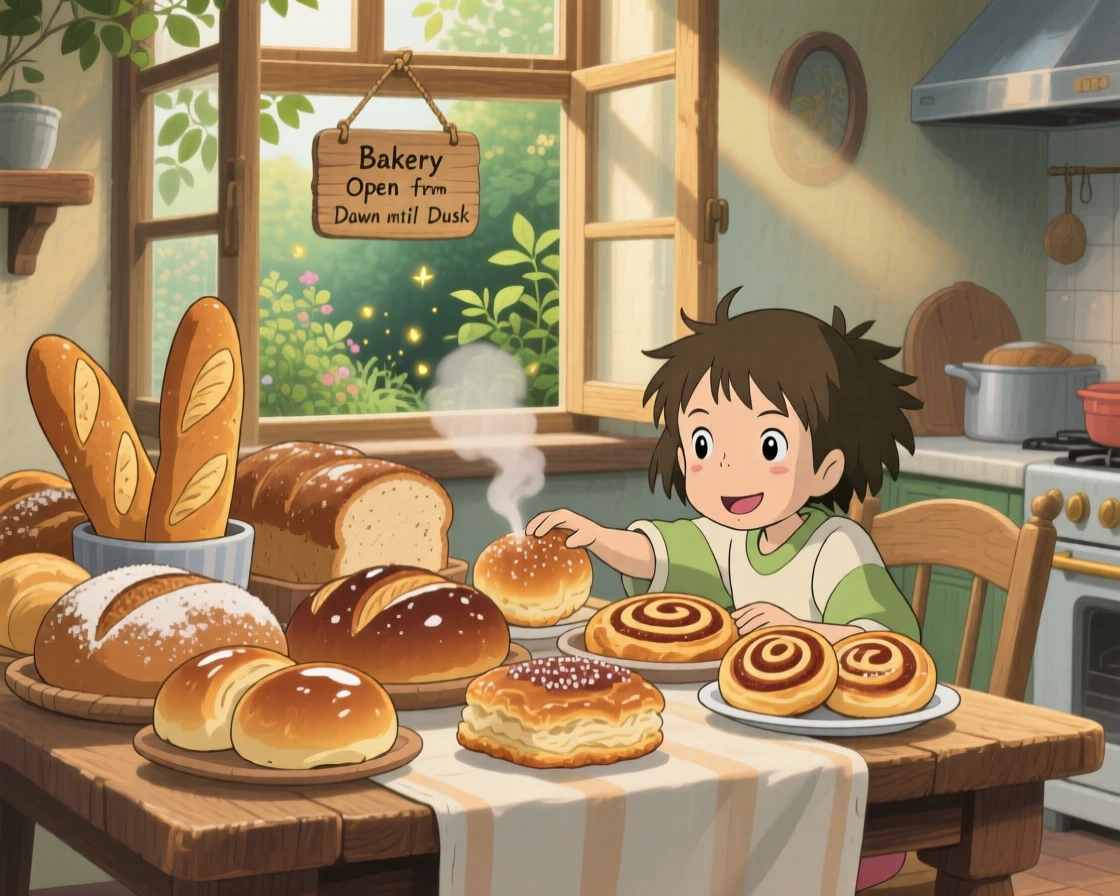 A warm, inviting scene of a table piled with freshly baked bread and pastries, as morning light streams through a nearby window.