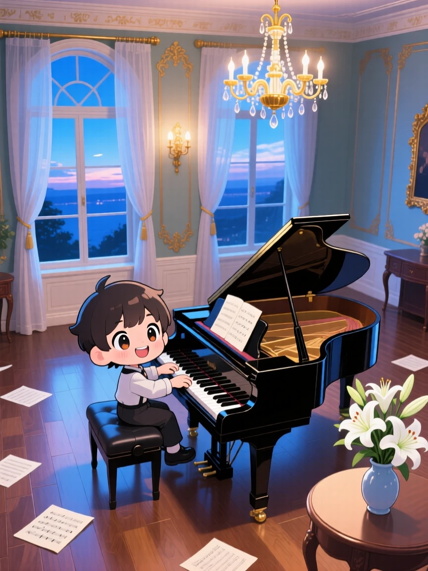 In an elegant music room, a young pianist is playing a grand piano with a joyful smile under a clear summer sky, bathed in cool blue twilight glow, expression full of bubbly enthusiasm. Shot as a bird's-eye view.