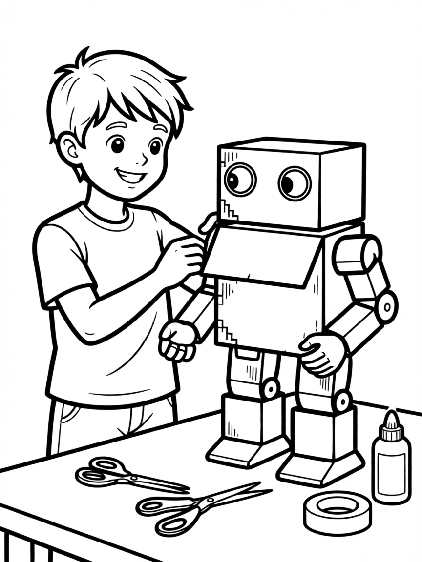 A young inventor building a robot out of cardboard boxes