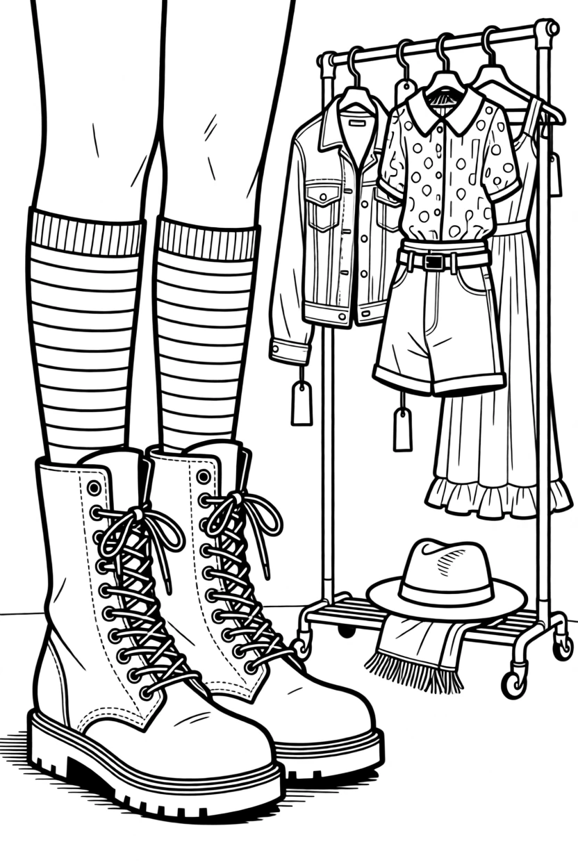 A pair of combat boots laced up over striped socks, styled beside a rack of vintage clothing.