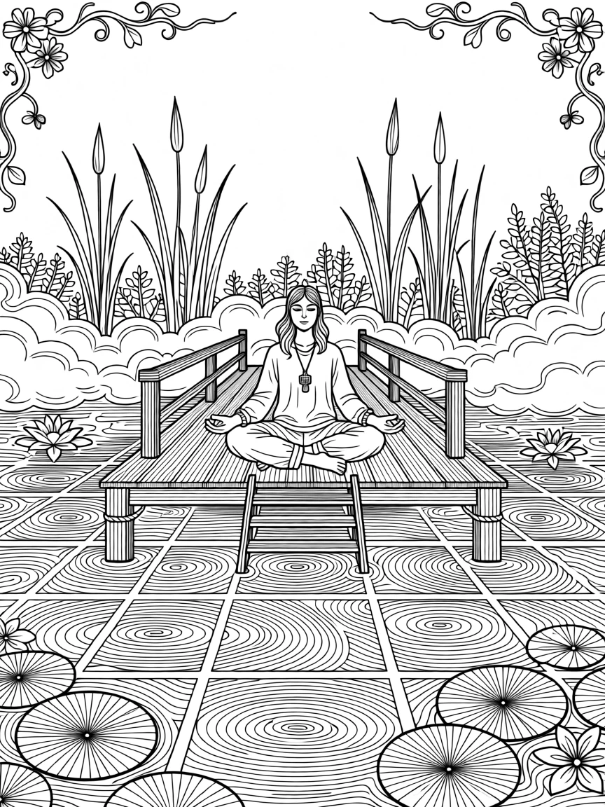 A person meditating on a floating dock surrounded by morning mist.