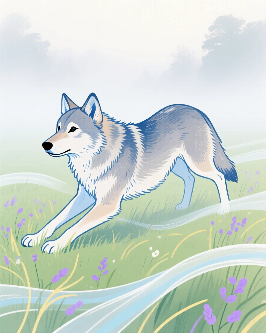 A young wolf stretching in the morning light in a misty morning field as fog rolls in.