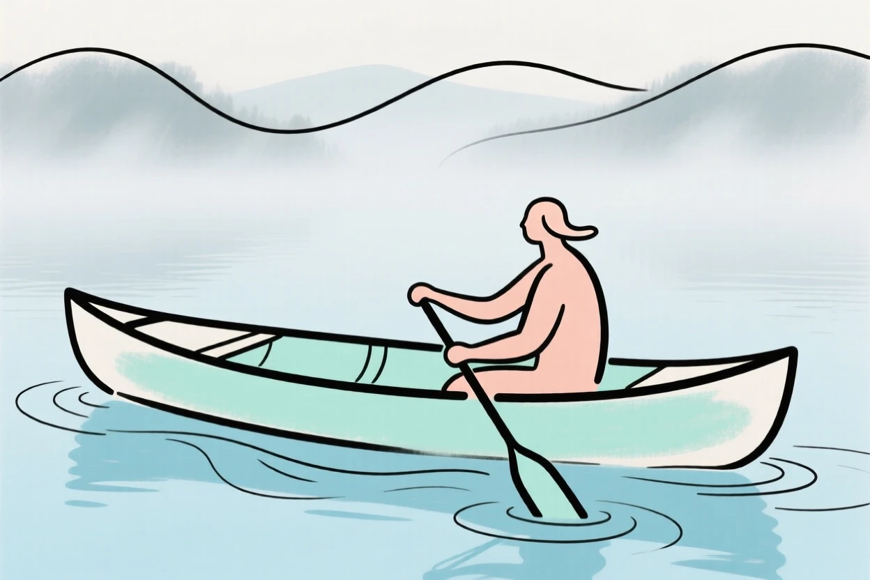 A canoe gliding across a misty lake