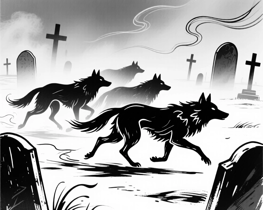 A pack of spectral wolves running silently through a foggy graveyard.