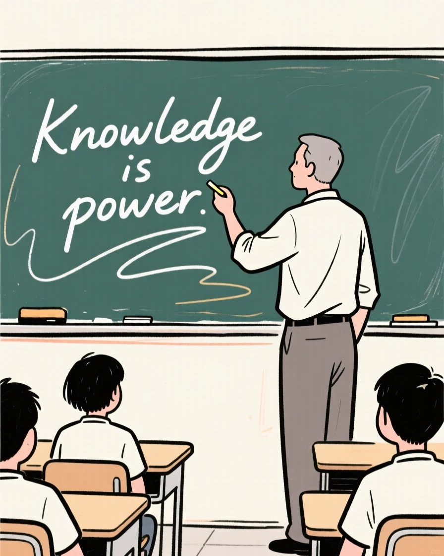 A teacher writing on a chalkboard in front of an attentive classroom.