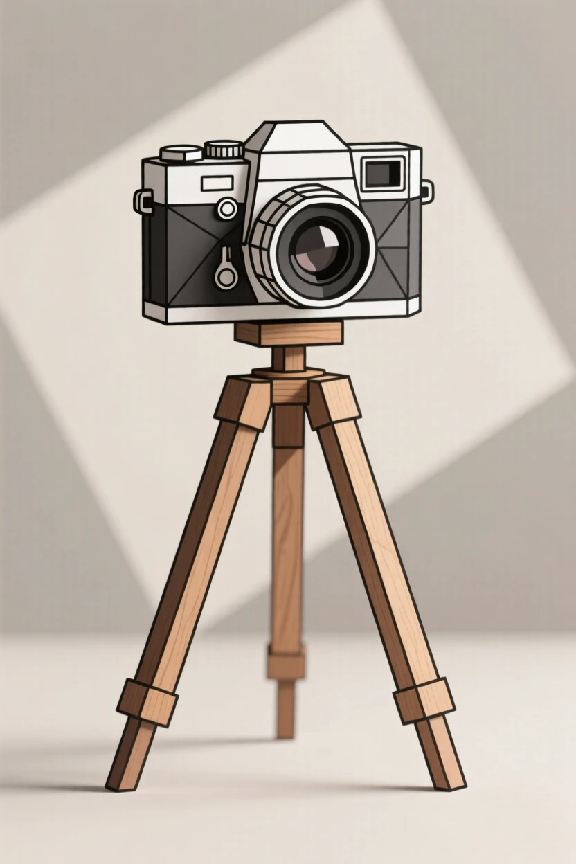 A vintage camera resting on a wooden tripod