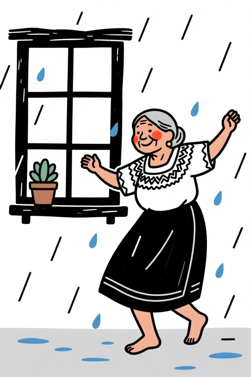 An elderly woman of Mexican heritage dancing barefoot in the rain, by a rustic farmhouse window.