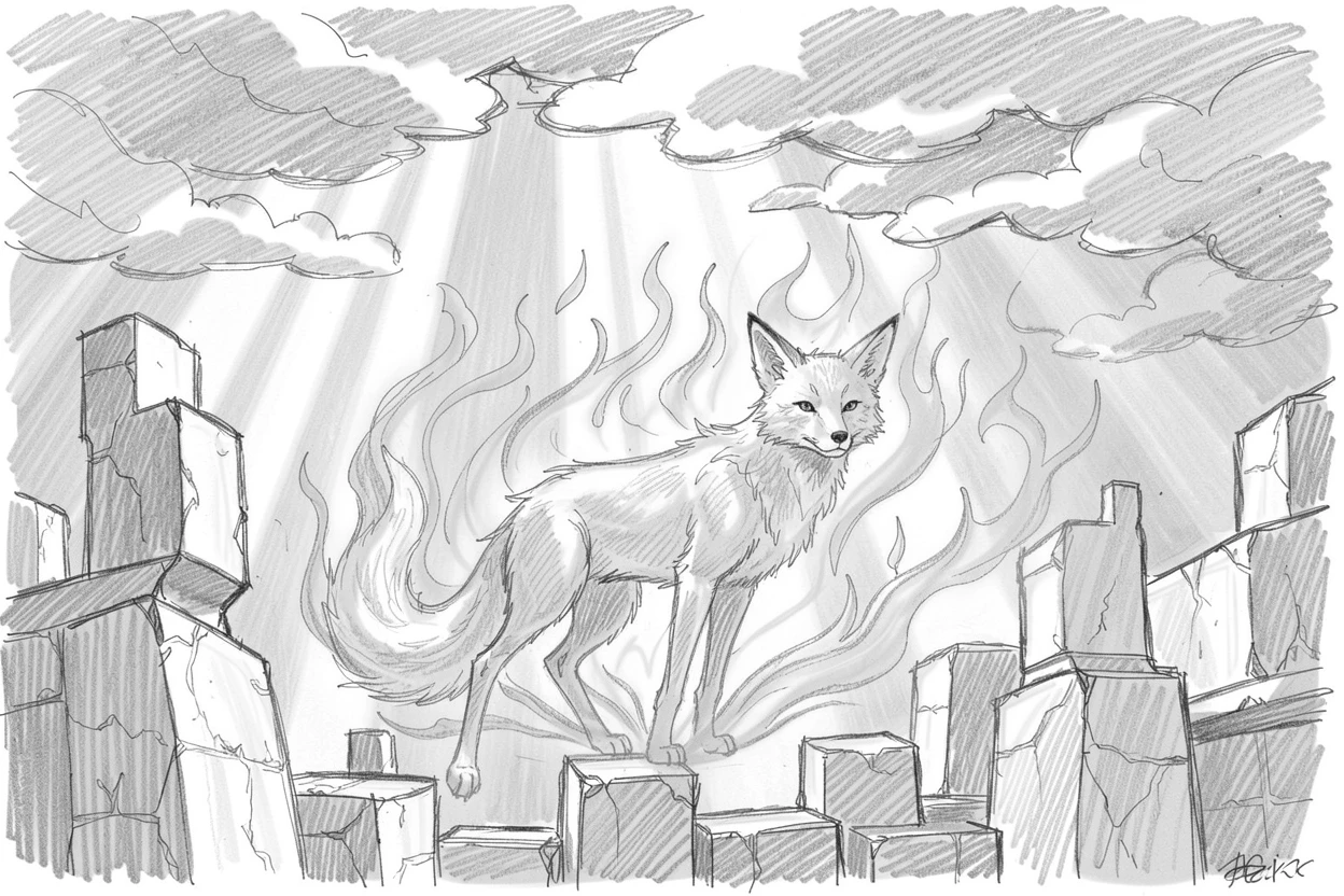 A spirit fox with glowing blue flames, within a city carved from luminous stone, with shafts of light piercing through the clouds.
