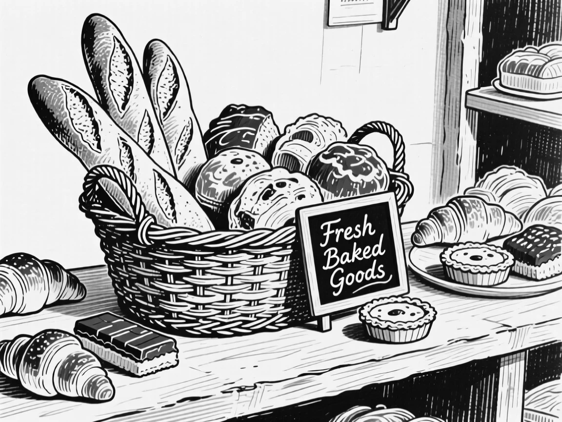 A rustic bakery display of fresh baguettes and pastries in a wicker basket.