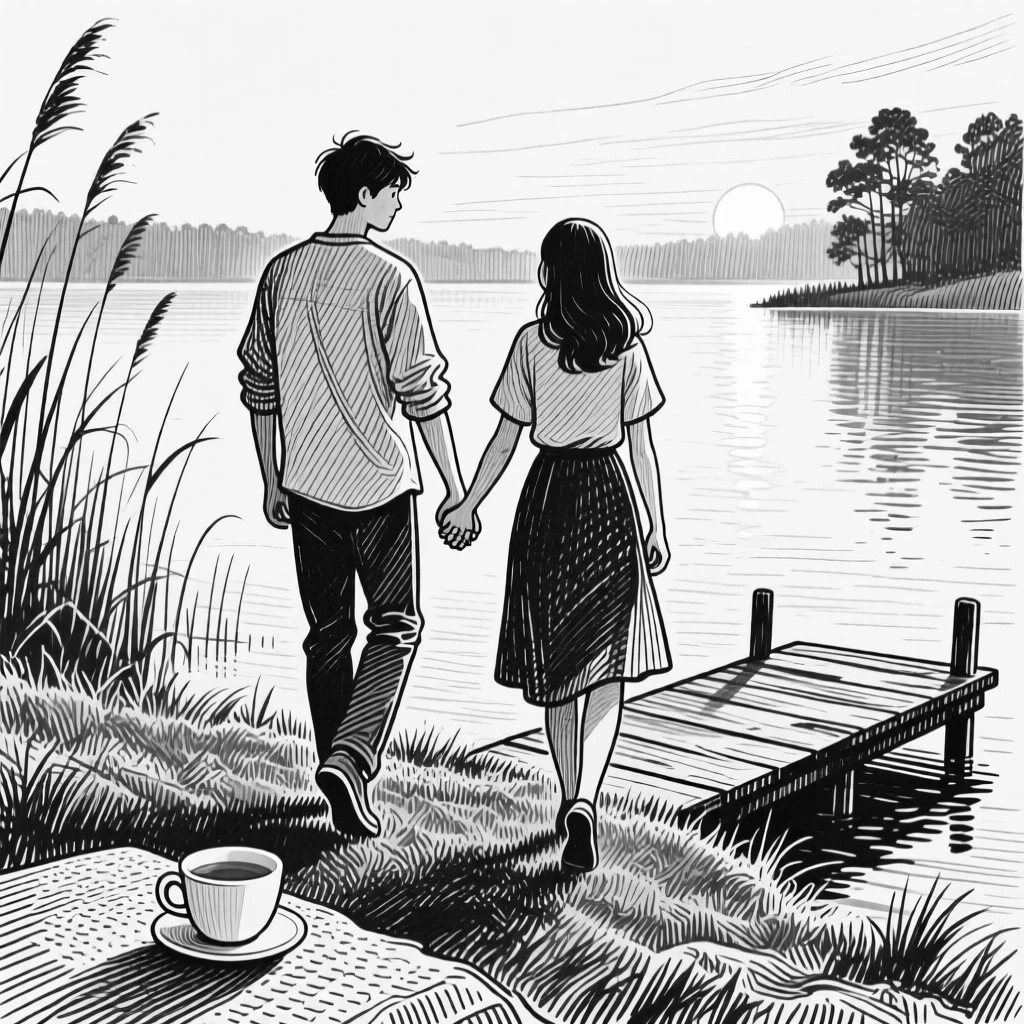 A young couple walking hand in hand beside a tranquil lake at dawn, with a cup of tea resting close by, creating a tender and sincere lifestyle scene.