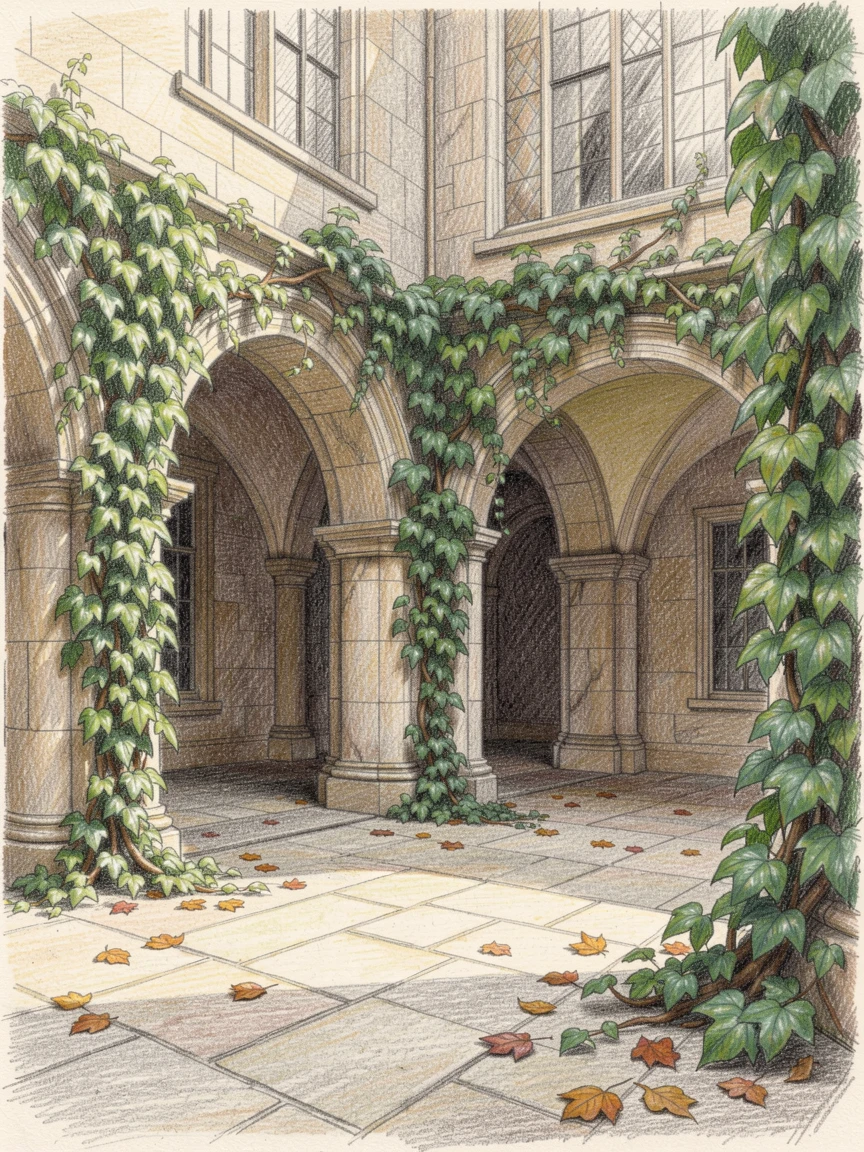 A quiet library courtyard with ivy climbing over stone archways, with soft, natural light bringing warmth to every detail, evoking nostalgia and a deep sense of contentment.