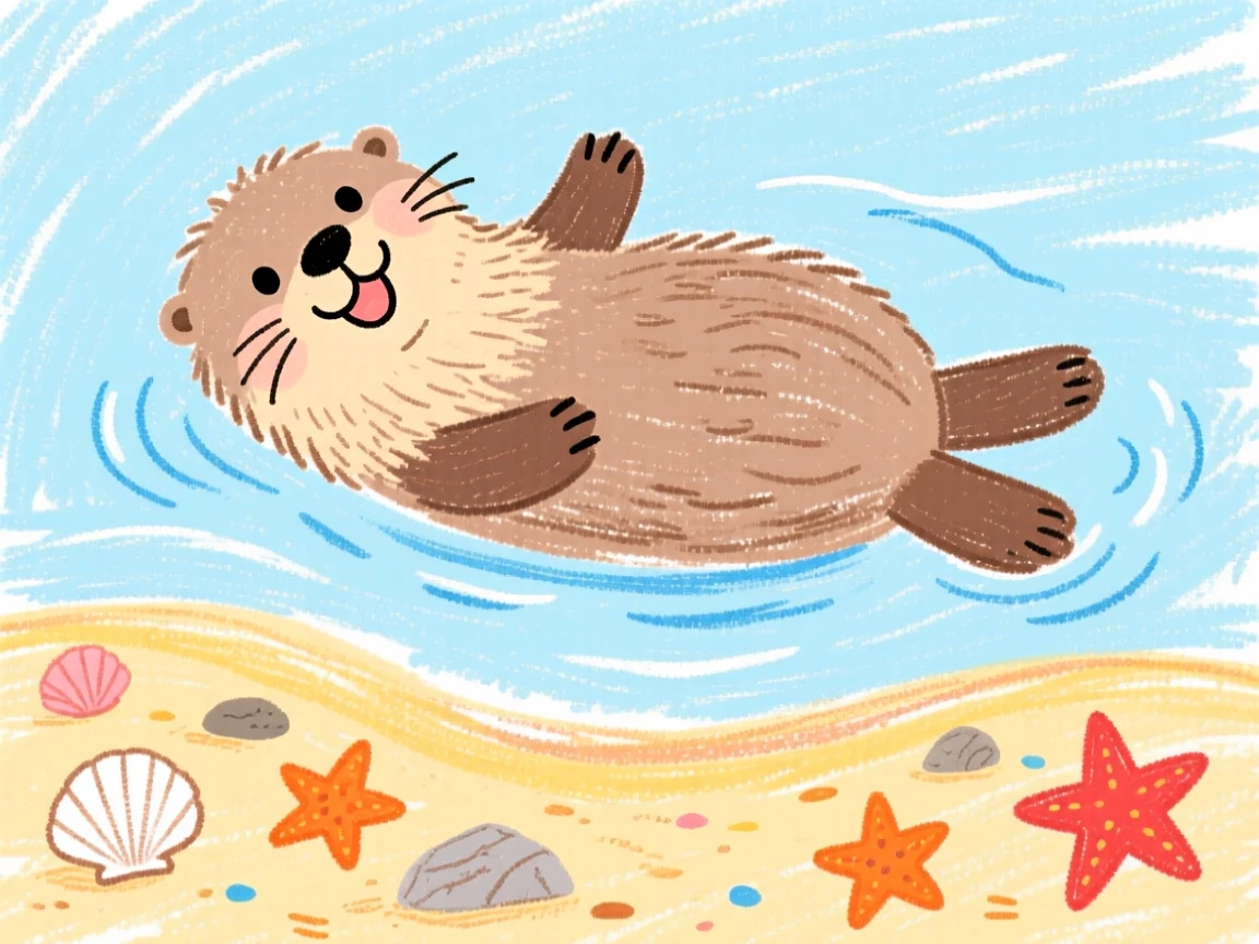A playful sea otter floating gently above a sandy seabed.