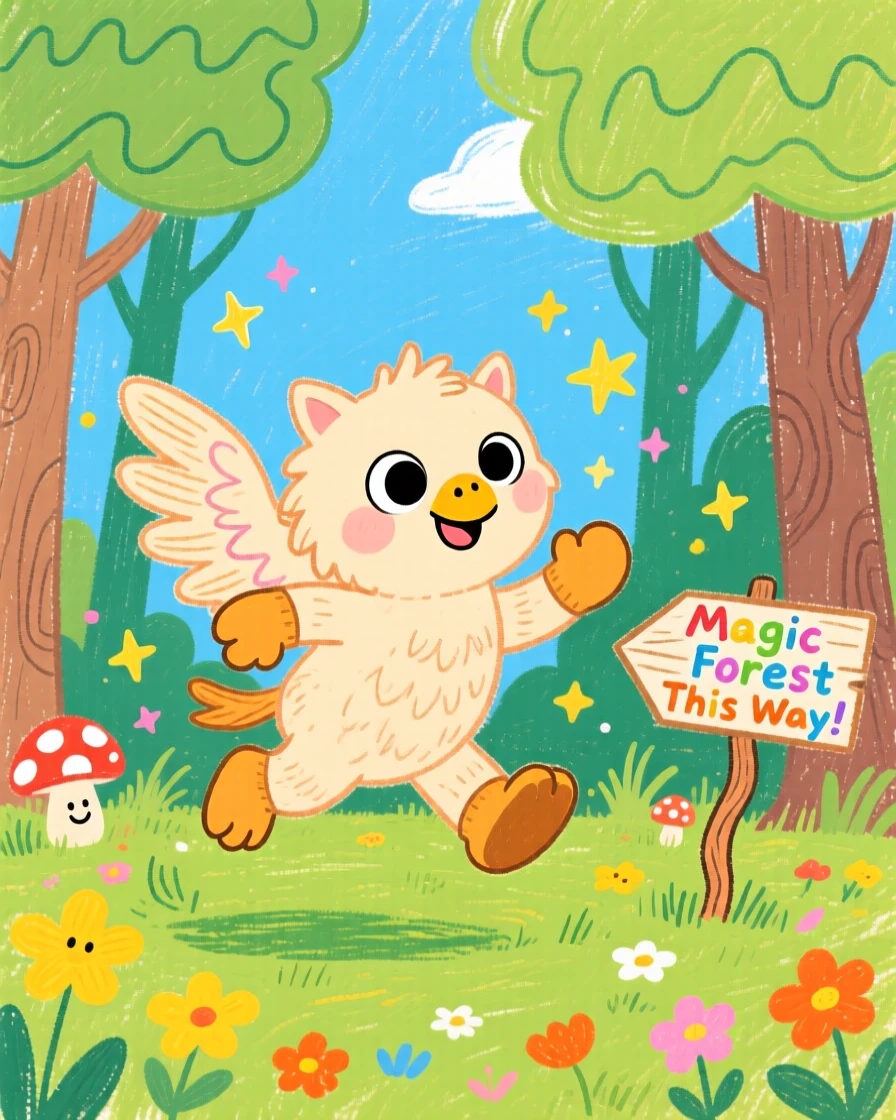 A playful griffin cub in an enchanted forest clearing.