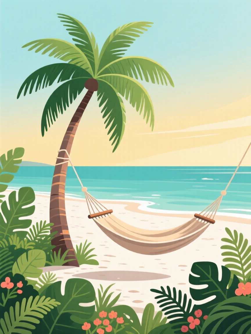 A pristine tropical beach with a single palm tree and hammock, surrounded by lush tropical greenery, arranged with layered depth from near to far, with a nostalgic, postcard-like charm.