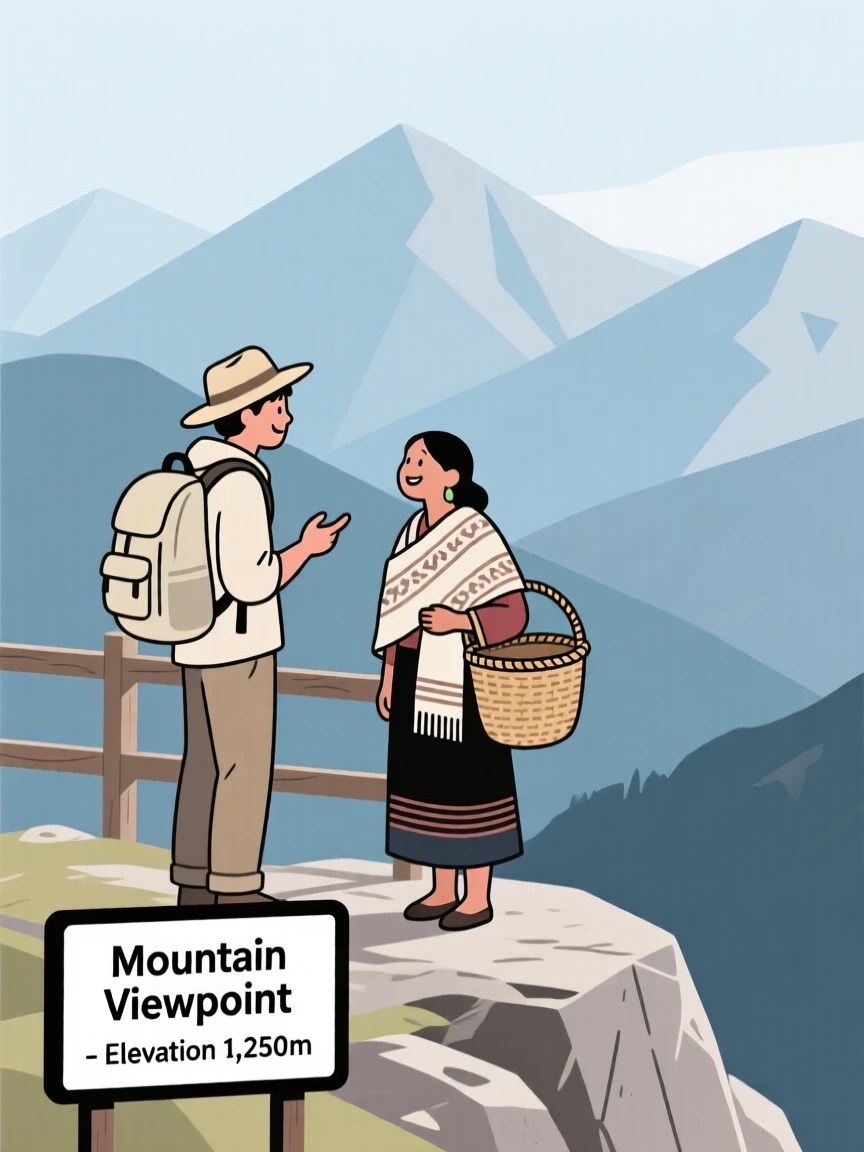 A traveler chatting with a local near a mountain viewpoint.