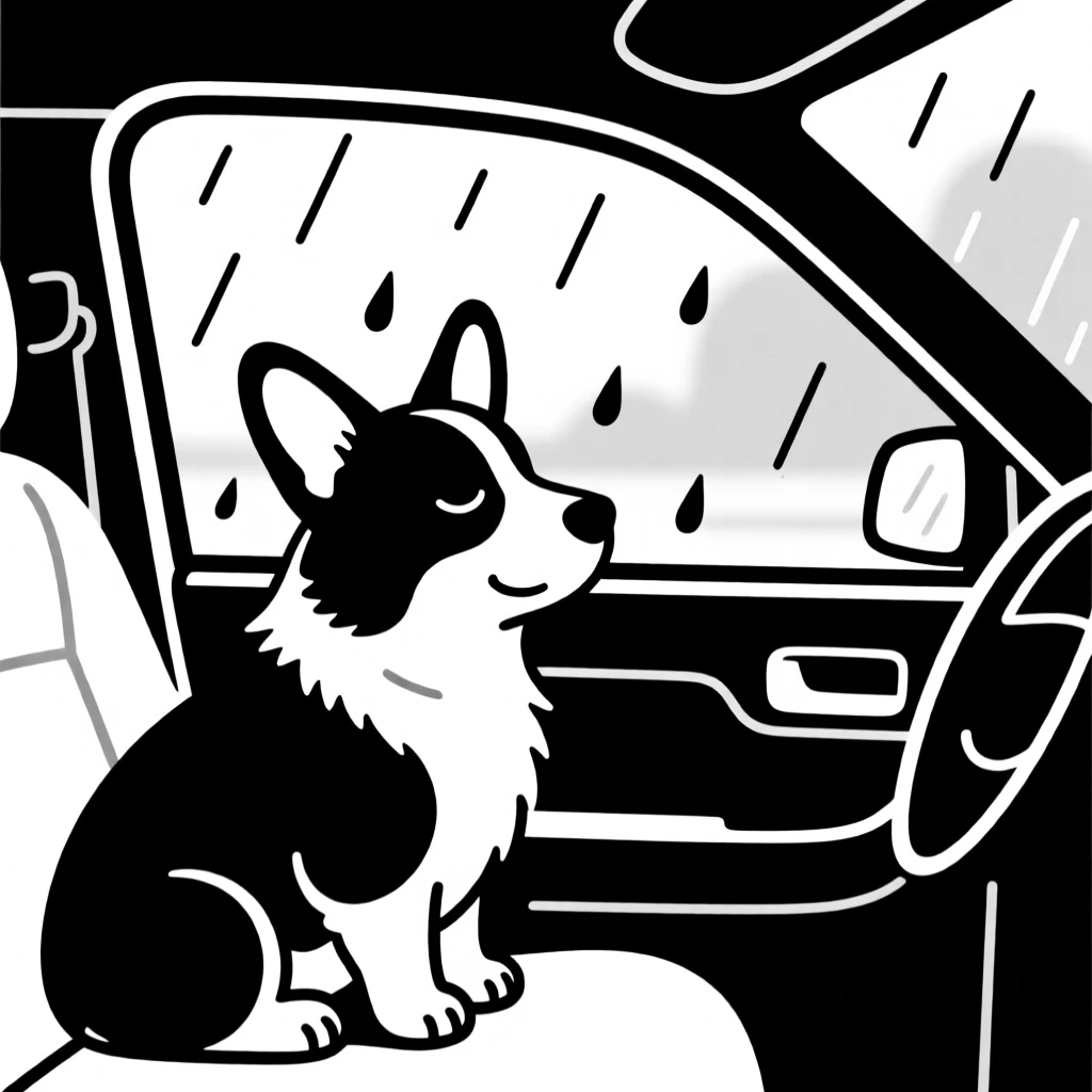 A sleepy corgi looking out a rainy car window.