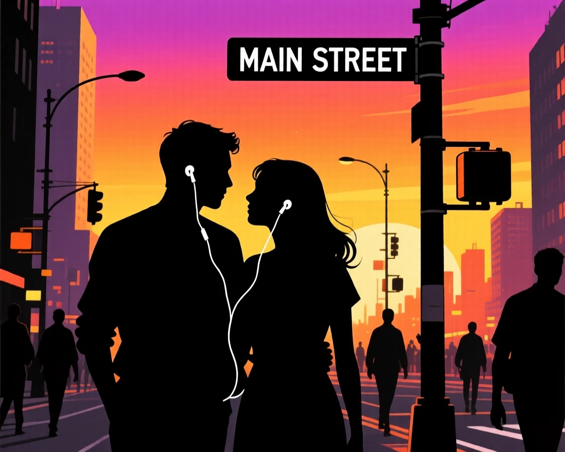 A couple sharing one pair of earbuds while walking down a busy street.