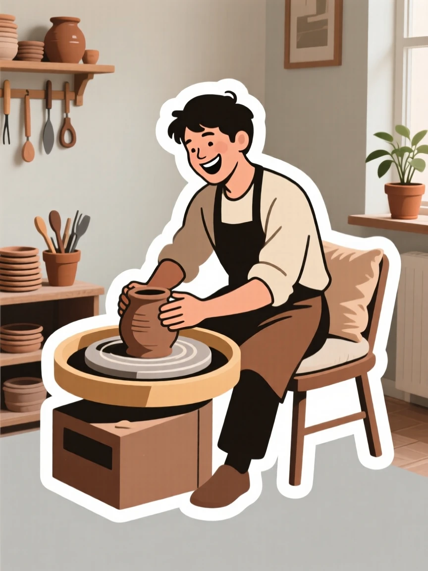 A beaming with excitement potter shaping clay on a spinning wheel, taking a short pause to admire their progress, in a peaceful home corner dedicated to their craft.