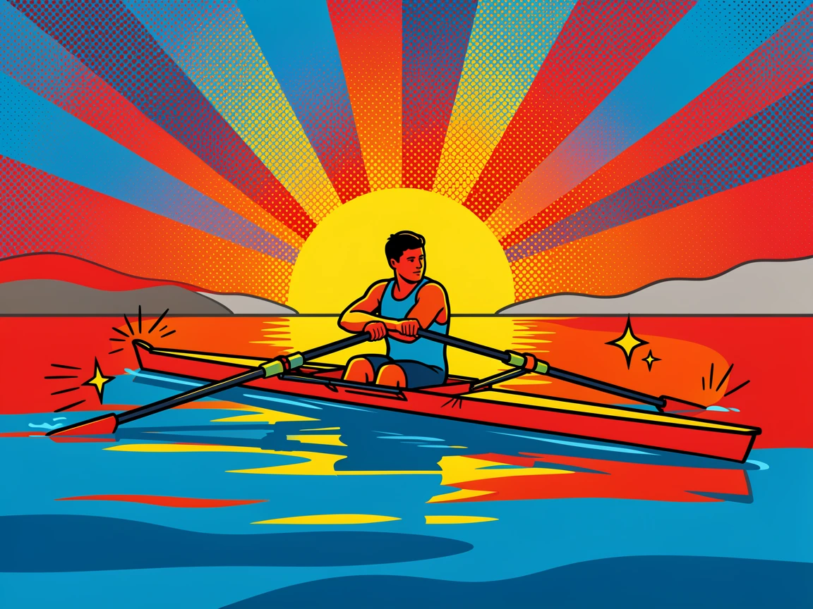 A rower gliding across calm water at sunrise