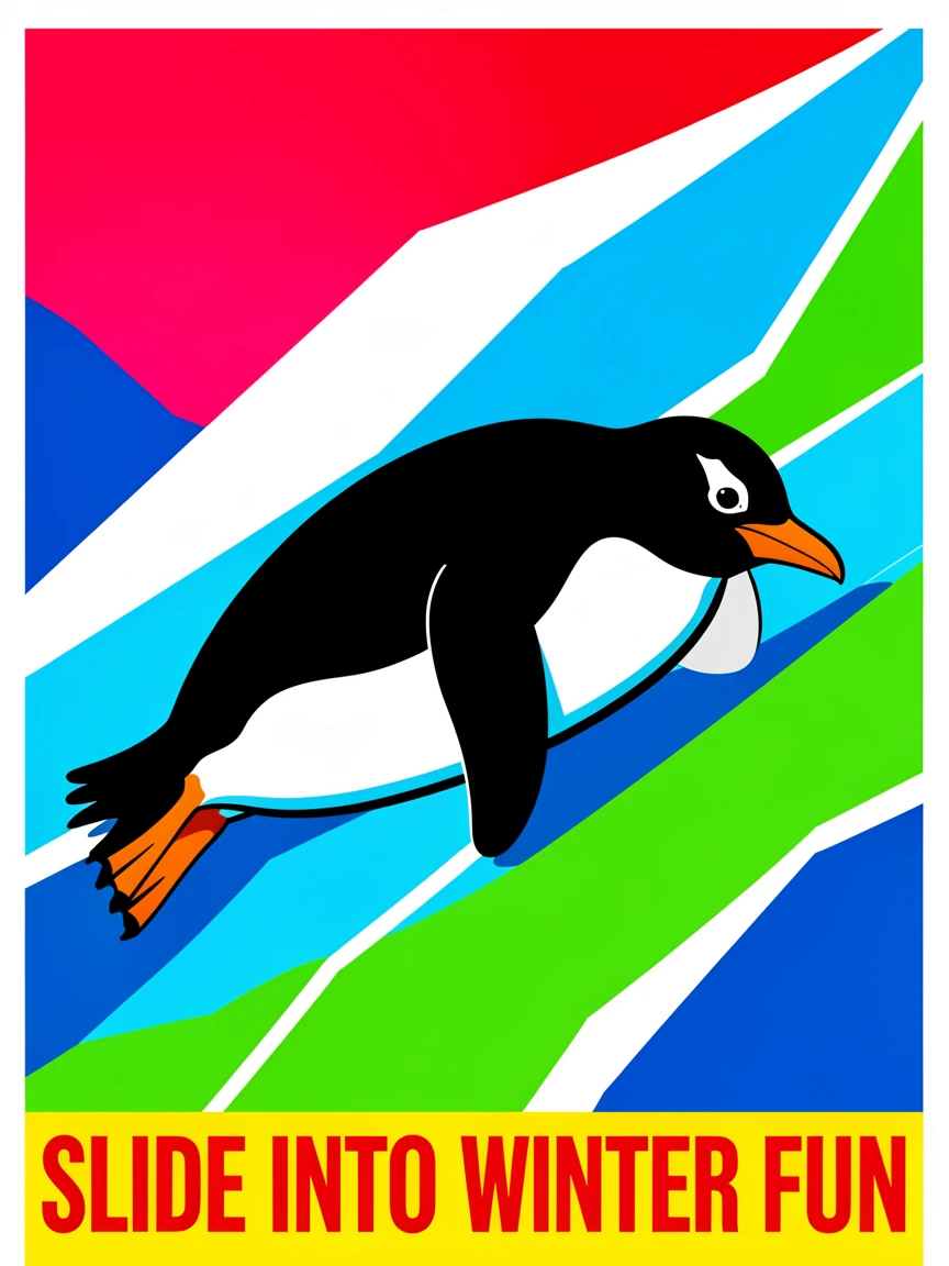 Penguin sliding down an icy hill on its belly
