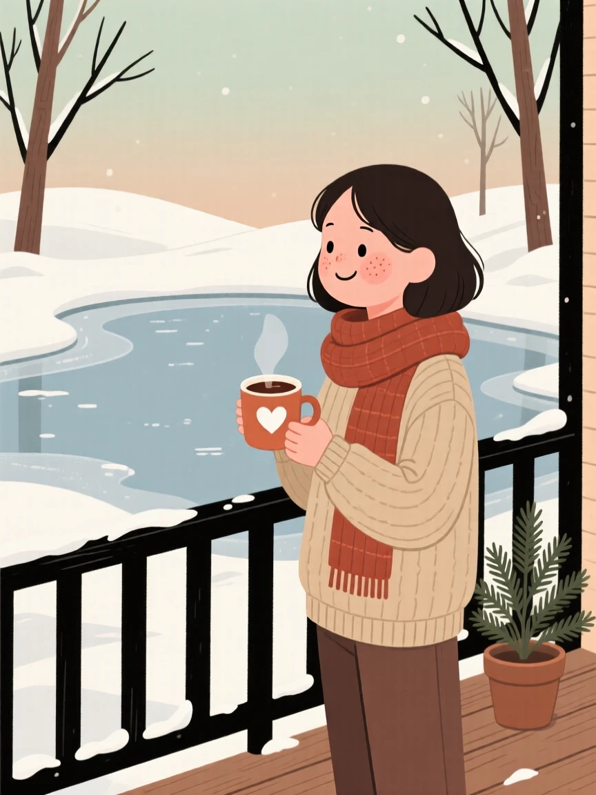 Snow blankets a frozen pond while a young woman watches from a snug porch, a mug of hot cocoa warming their hands.