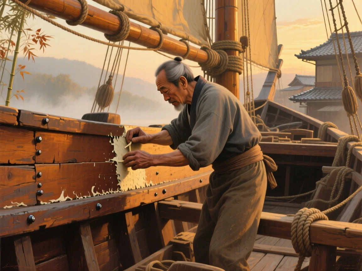 A medium shot of a shipwright caulking the hull of a wooden sailing vessel, in old Kyoto, at golden hour.