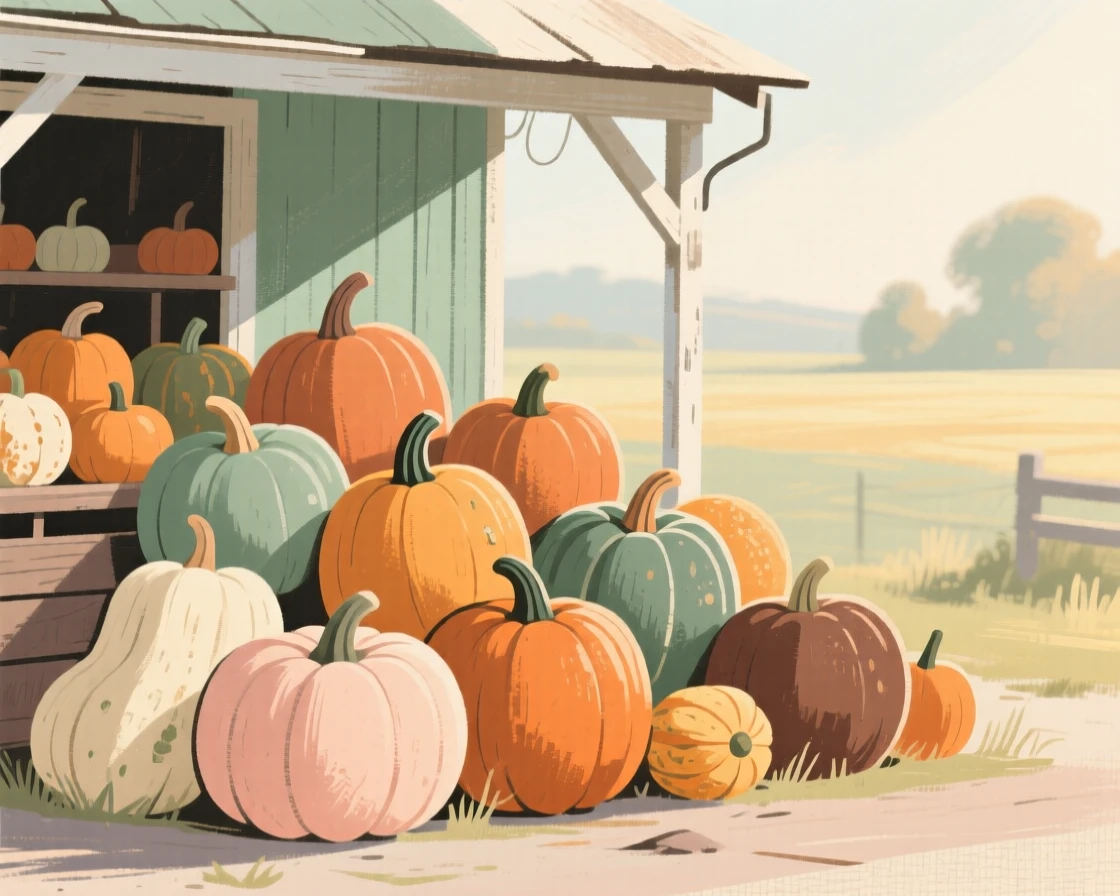 A pile of pumpkins and squash arranged outside a farm stand