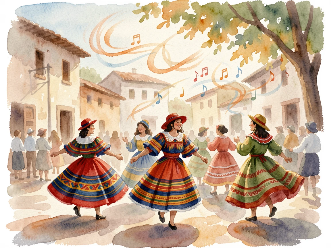 A Peruvian festival with dancers in bright woven textiles with joyful music filling the air.