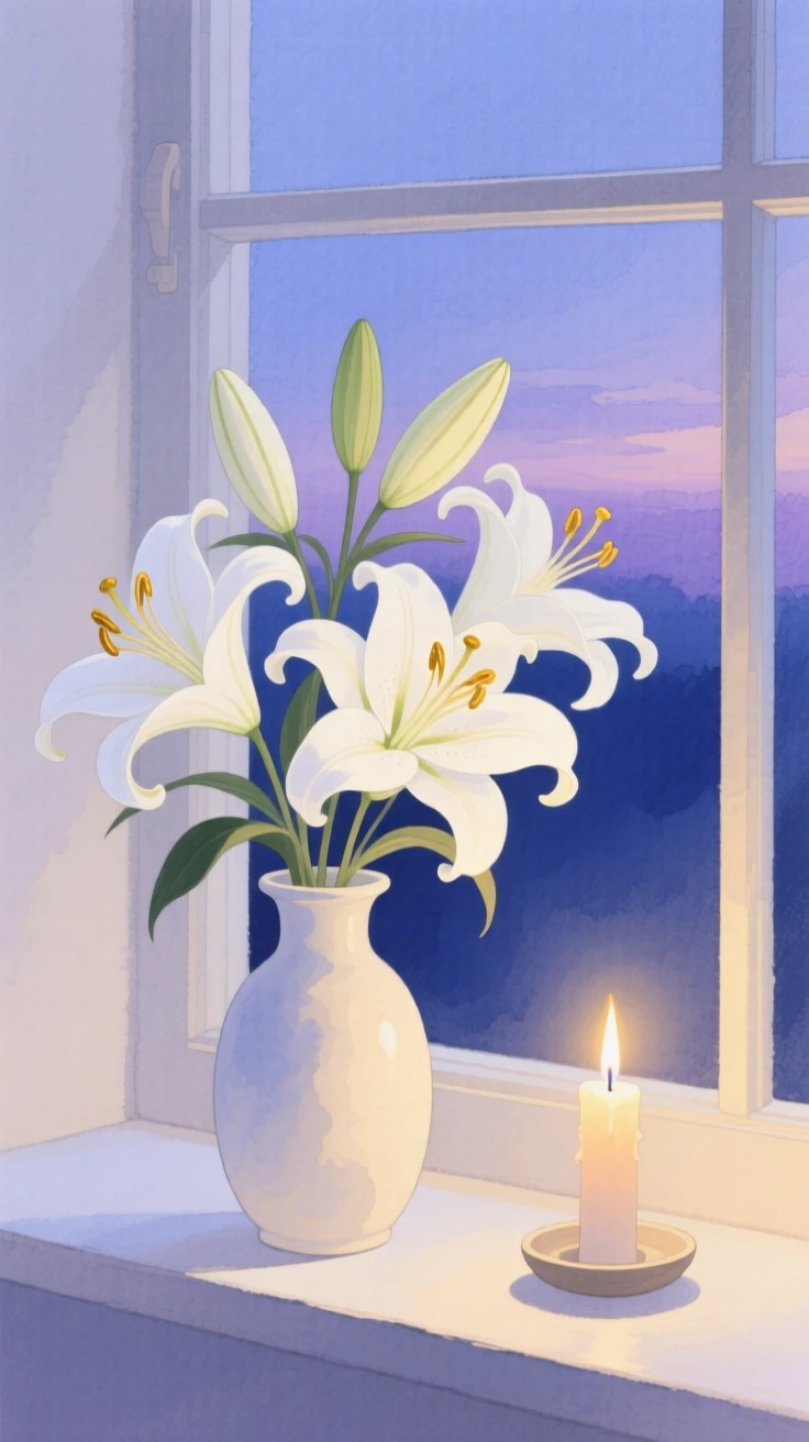 A vase of white lilies with golden stamens sits beside a lit candle on a quiet windowsill at dusk