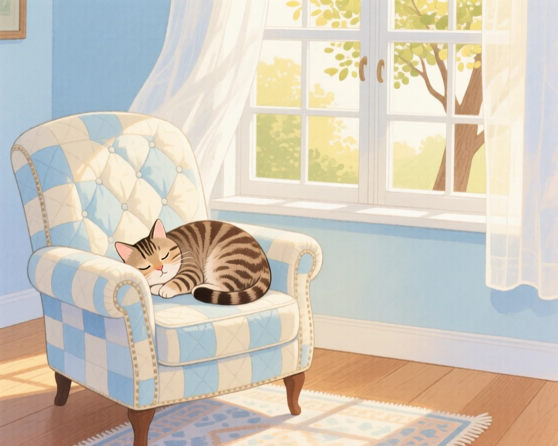 A cat curled up on a quilted armchair by a window, warm and inviting on a quiet afternoon.