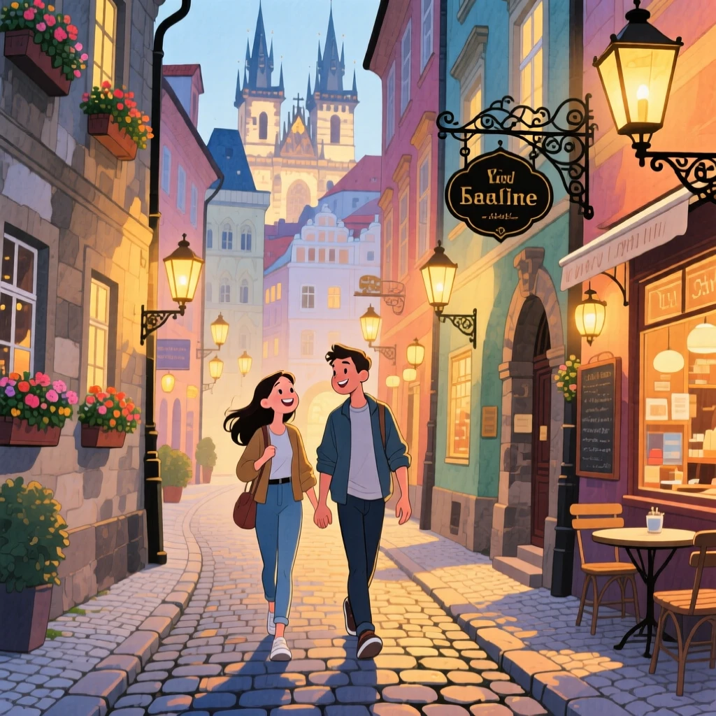 A young couple wanders hand in hand amid a lantern-lit street in old town Prague, radiating cultural warmth and beauty.