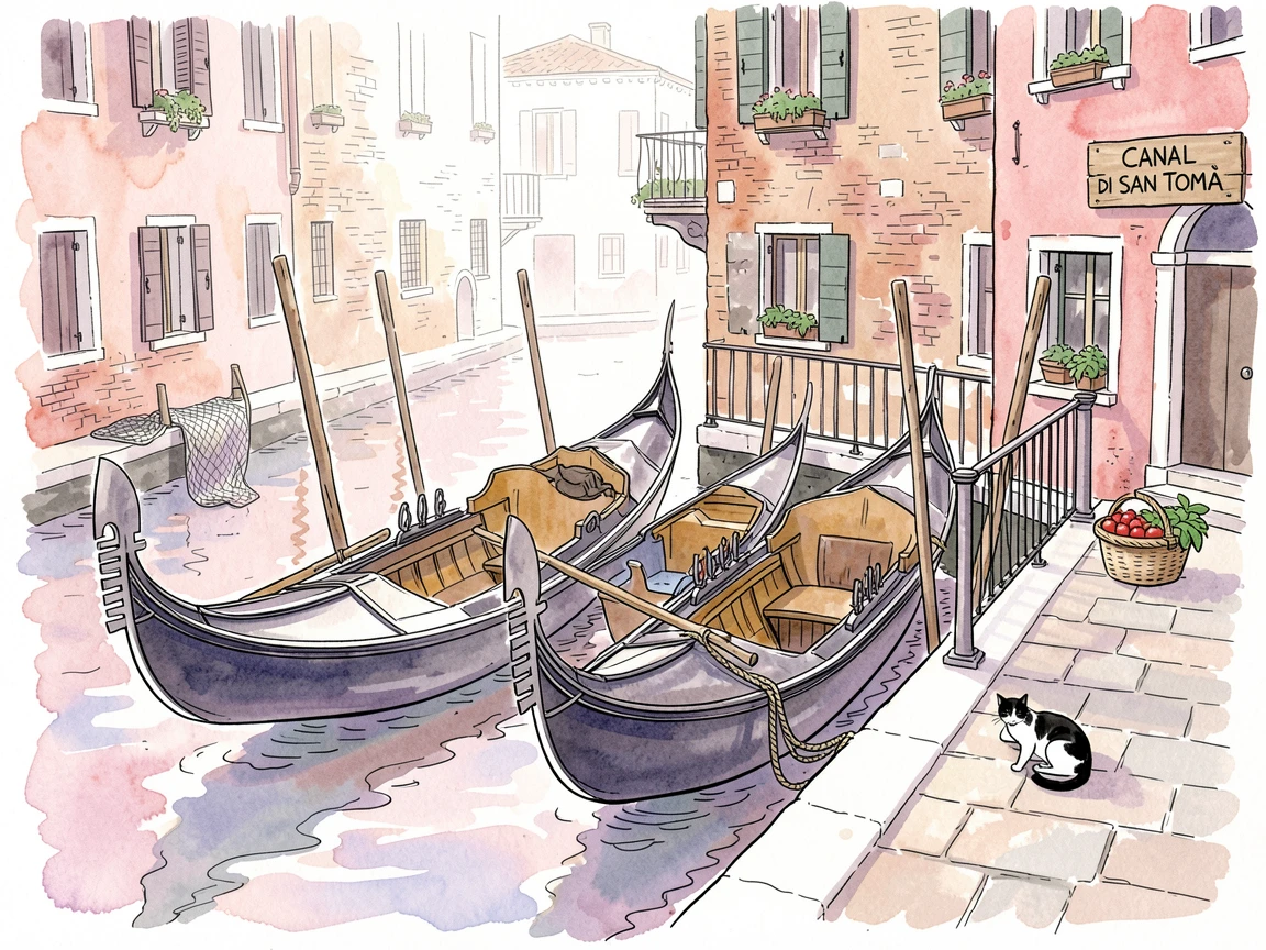 A row of gondolas resting along a quiet Venetian canal at dawn, small details of daily life scattered throughout the setting.