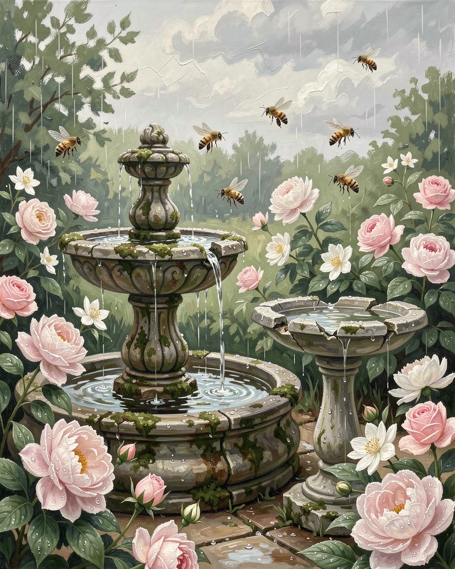 Just after a light rain, petals beaded with water, a courtyard garden with a stone fountain, beside a weathered stone birdbath, bees drifting lazily from bloom to bloom.