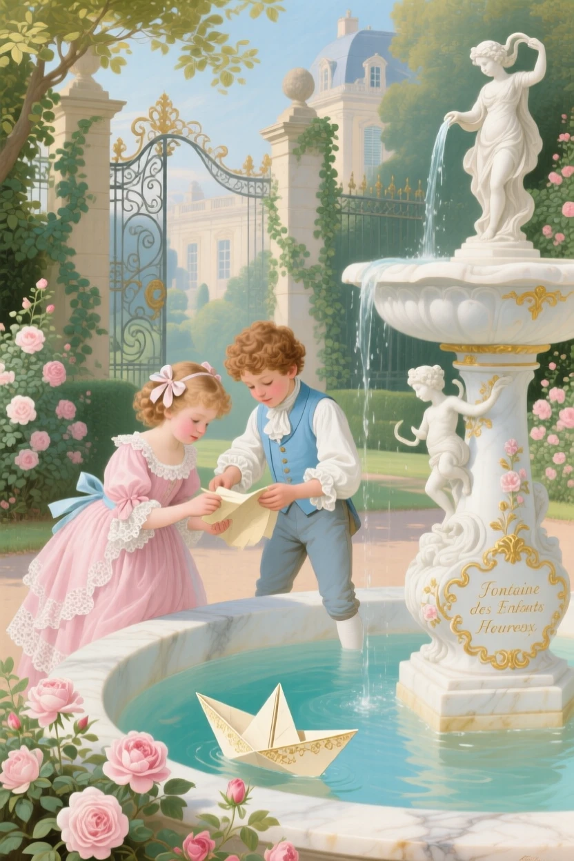 Children making paper boats beside a marble fountain  